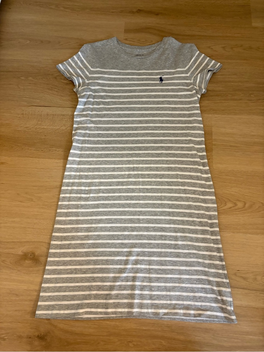Polo by Ralph Lauren Gray and White Striped Midi T-Shirt Dress